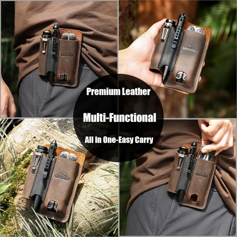topstache Leather Multitool Sheath with Belt Clip - Multitool Holster for Belt - EDC Belt Organizer Fits, Flashlight, Pen - Leather Pouch - Holder, Dark Brown - Image 2